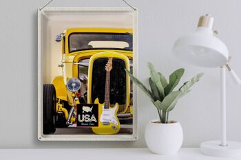 Signe en étain voyage 30x40cm, voiture Vintage américaine, voiture jaune, guitare 3