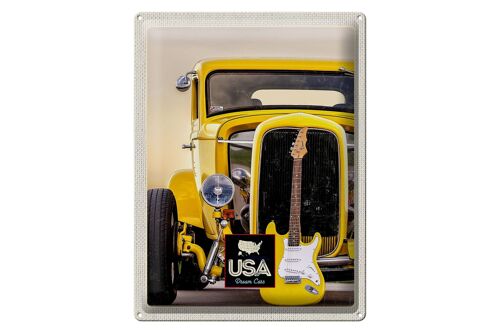 Blechschild Reise 30x40cm Amerika Oldtimer gelb Auto Gitarre