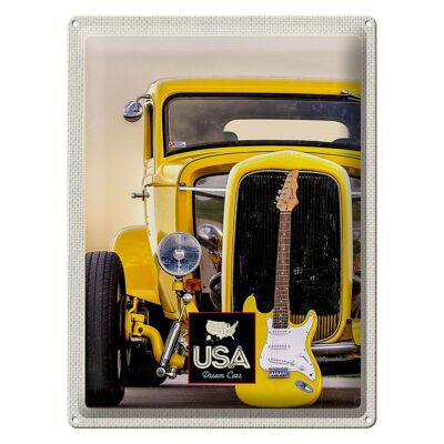 Cartel de chapa de viaje, 30x40cm, América, coche de época, coche amarillo, guitarra
