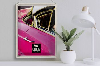 Signe en étain voyage 30x40cm, voiture Vintage américaine, rose, argent, vacances 3