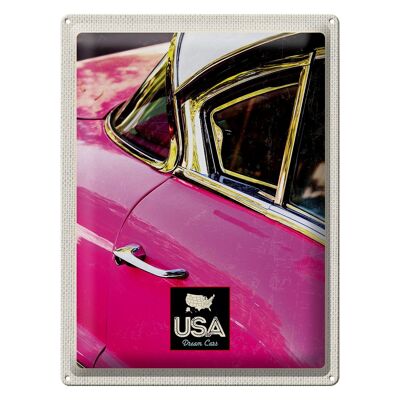 Cartel de chapa de viaje, 30x40cm, América, coche antiguo, vacaciones, color rosa y plateado