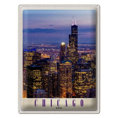 Targa in metallo da viaggio 30x40 cm Chicago America USA Grattacielo serale