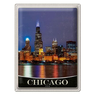 Cartel de chapa de viaje, 30x40cm, Chicago, EE. UU., América, noche junto al mar