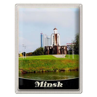 Blechschild Reise 30x40cm Minsk Belarus Fluss Skulptur Urlaub