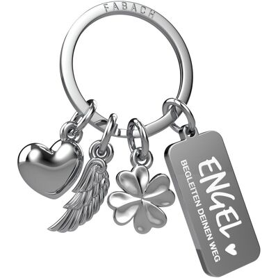 "3 Charms" Guardian Angel Keyring - Angel Heart Clover Lucky Charm with Message Engraving "Angels accompany your way"