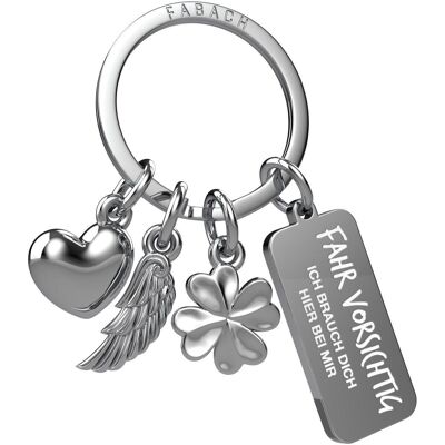 "3 Charms" Guardian Angel Keychain - Angel Heart Clover Lucky Charm with Message Engraving "Drive carefully - I need you"
