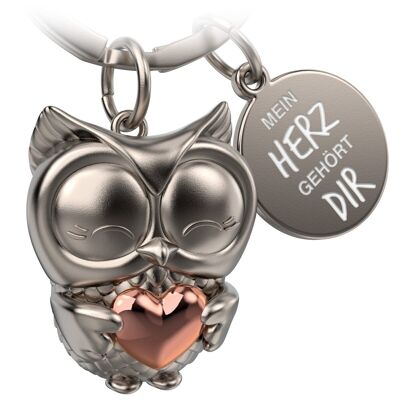 Porte-clés hibou "Mon cœur t'appartient" "Owly" avec cœur et gravure - porte-bonheur affectueux pour les couples - cadeau d'amour et d'amitié