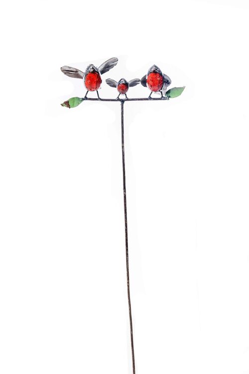 METAL ROBIN FAM OF 3 ON STICK LEAVES