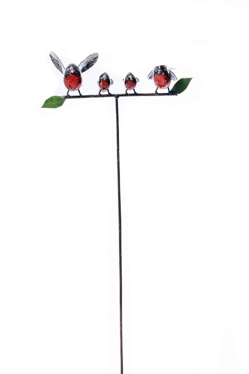 METAL ROBIN FAM OF 4 ON STICK LEAVES