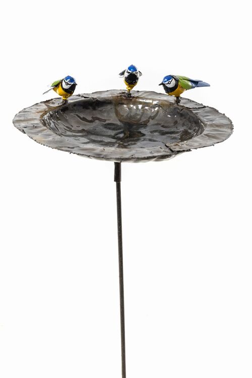 METAL FAM OF 3 BLUE TIT PLATE BOWL ON STICK