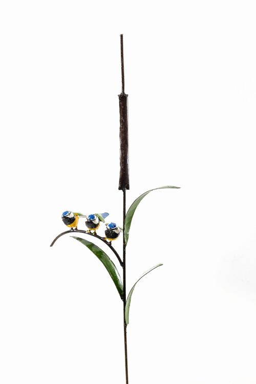 METAL FAM OF 3 BLUE TIT ON CATTAIL