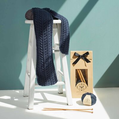 Watson Cable Scarf Knitting Kit - Graphite Blue - With long 5mm knitting needles