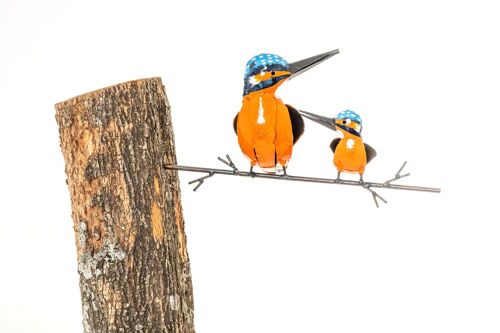 METAL MOTHER AND BABY KINGFISHER TO STICK ON TREE