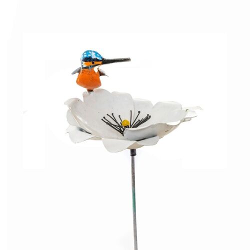METAL KINGFISHER ON LARGE WHTE POPPY FLOWER
