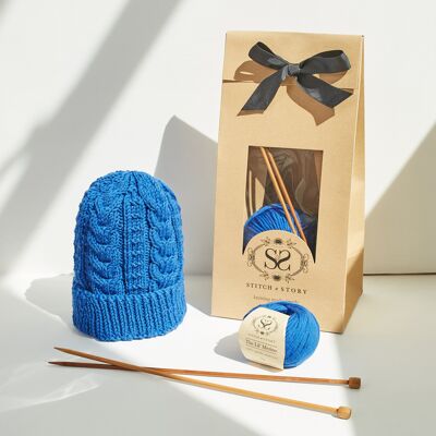 Parker Staghorn Beanie Knitting Kit - Chestnut Brown - With long 5mm knitting needles