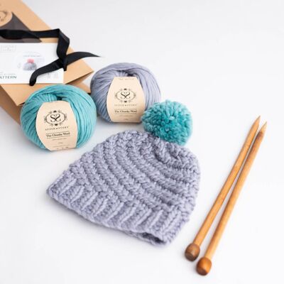 Luca Pom Hat Knitting Kit - Stone Teal Pompom - Silent Night - With long 10mm needles
