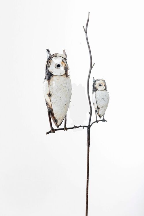 METAL WHITE MOTHER AND BABY OWL ON STICK
