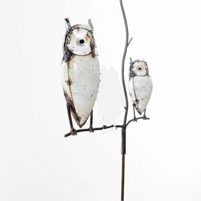 ZIMBA ARTS METAL WHITE MOTHER AND BABY OWL ON STICK