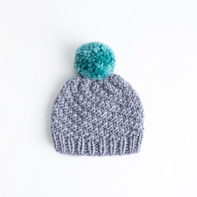 Luca Pom Hat Knitting Kit - Stone Teal Pompom - Stormy Grey - With long 10mm needles