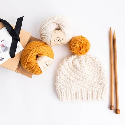 Luca Pom Hat Knitting Kit - Mustard Yellow Pompom - Dust Pink - With long 10mm needles