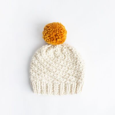 Luca Pom Hat Knitting Kit - Mustard Yellow Pompom - Ivory White - With long 10mm needles