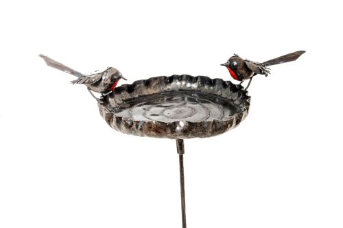 ZIMBA ARTS METAL LARGE HAPPY ROBIN BIRDFEEDER FAM OF 2 ON STICK