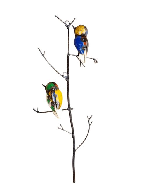 METAL COLOURFUL COUPLE OWL ON TREE BRANCHES