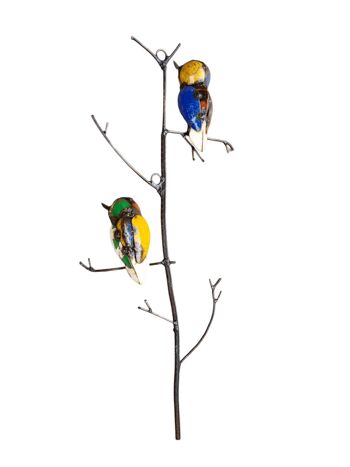 Zimba-Arts CHOUETTE COUPLE COLORÉE EN MÉTAL SUR DES BRANCHES D'ARBRE