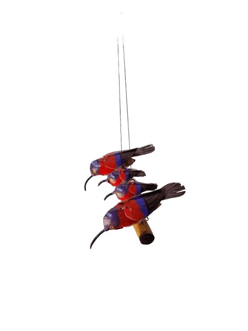 METAL FAM OF 4 RED SUNBIRD ON WOODEN STICK HANGING