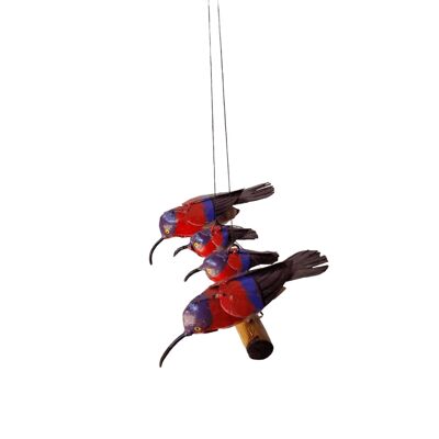 Zimba-Arts Metallfamilie mit 4 roten Sonnenvögeln auf Holzstab zum Aufhängen