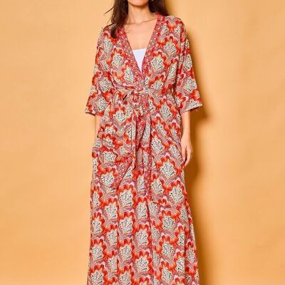 Mid-length silk kimono with 3/4 sleeves