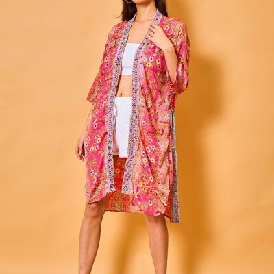 Mid-length silk kimono with 3/4 sleeves