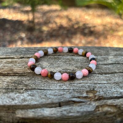 Lithotherapy Bracelet in Rhodochrosite, Rose Quartz and Tiger Eye, Made in France