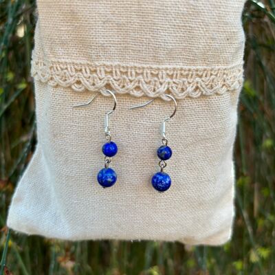 Dangling earrings with 2 balls in natural Lapis Lazuli, Made in France