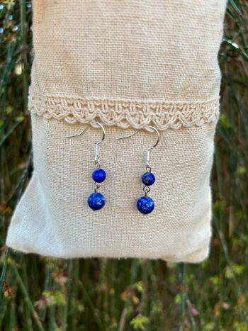 Boucles d'oreilles pendantes à 2 boules en Lapis Lazuli naturel, Made in France 1