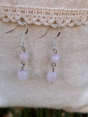 Boucles d'oreilles pendantes à 2 boules en Quartz Rose naturel, Made in France 2