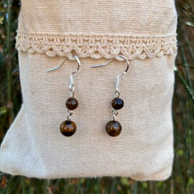 Dangling earrings with 2 balls in natural Tiger's Eye, Made in France