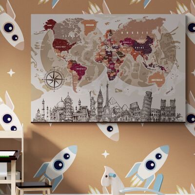 World map poster with monuments