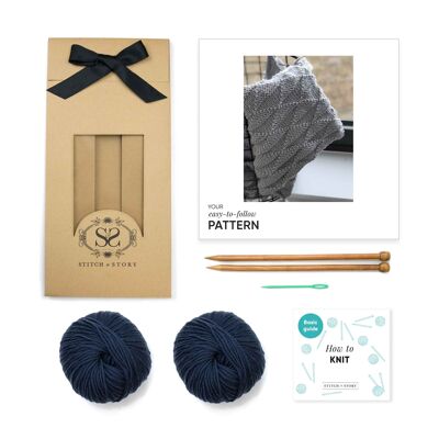 Ivy Geometric Blanket Knitting Kit - Graphite Blue - With long 8mm needles