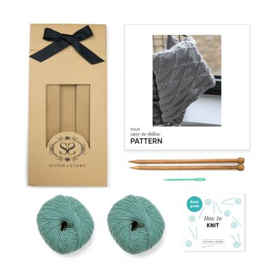 Ivy Geometric Blanket Knitting Kit - Soft Teal - With long 8mm needles