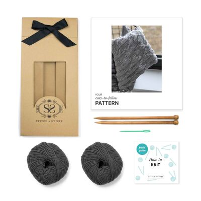 Ivy Geometric Blanket Knitting Kit - Pebble Grey - With long 8mm needles