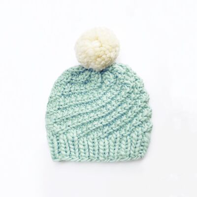 Luca Pom Hat Knitting Kit - Ivory White Pompom - Iced Mint - With long 10mm needles
