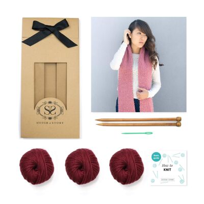 Vale Scarf Knitting Kit - Sangria Red - With long 12mm needles
