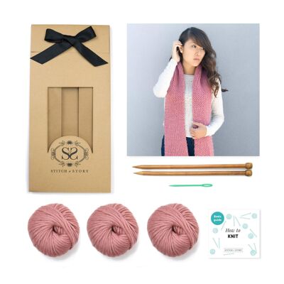 Vale Scarf Knitting Kit - Dust Pink - With long 12mm needles