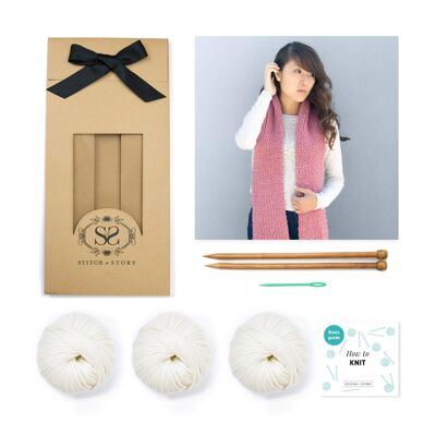 Vale Scarf Knitting Kit - Ivory White - With long 12mm needles