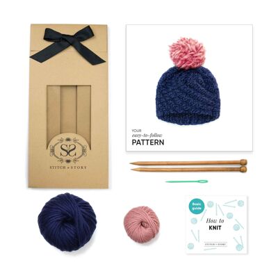 Luca Pom Hat Knitting Kit - Dust Pink Pompom - Silent Night - With long 10mm needles