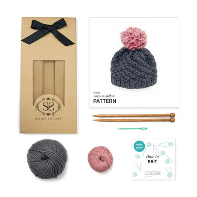Luca Pom Hat Knitting Kit - Dust Pink Pompom - Fossil Grey - With long 10mm needles