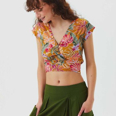 Bedrucktes Crop Top Senfgelb