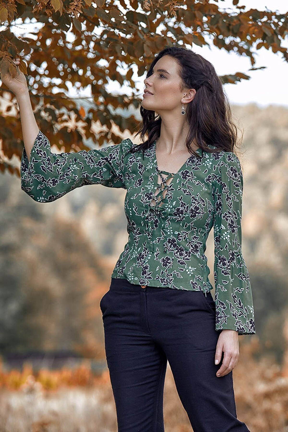 Patterned Fall Winter Blouse Green