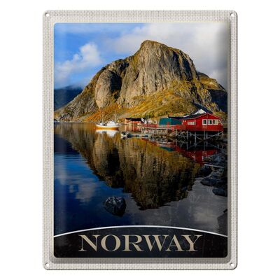 Targa in metallo da viaggio 30x40 cm Norvegia Europa Case sul lago Gita in barca